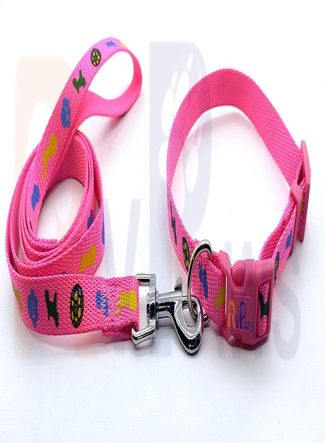 Pups&Pets طقم طوق ومقود من النايلون من Pups&Pets، مزين بطبعة جرو، طوق نايلون قابل للتعديل مع مقود للجراء الصغيرة والمتوسطة، طقم طوق سريع الفتح وجيد التهوية للكلاب الصغيرة (وردي) - Image 1